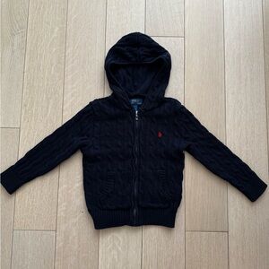 Polo by Ralph Lauren Black Cable-Knit Hooded Zip Sweater with Red Pony